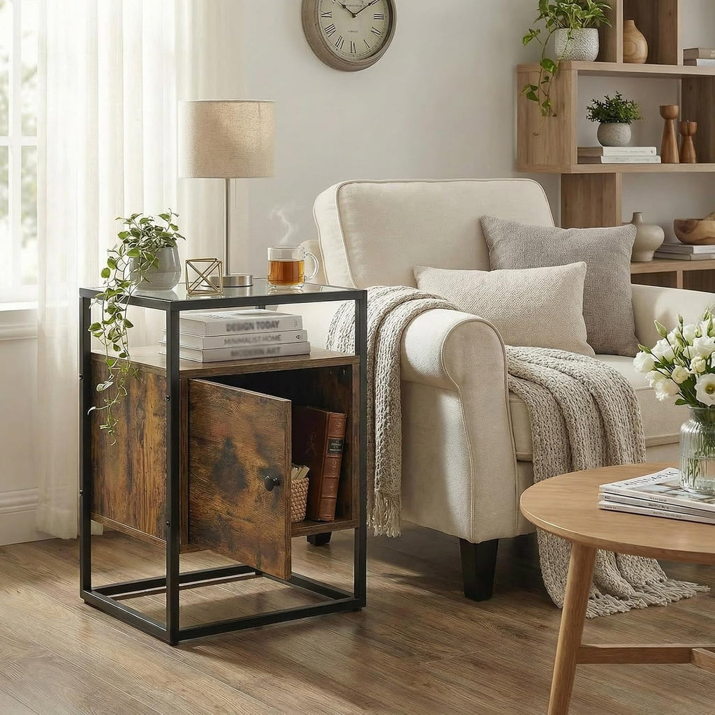 Side Table with 2 Tier Storage Cabinet, Small End Tables Wood Solid with Glass Top, Rustic Industrial Bedside Nightstand for Bedroom, Living Rooms, Small Spaces