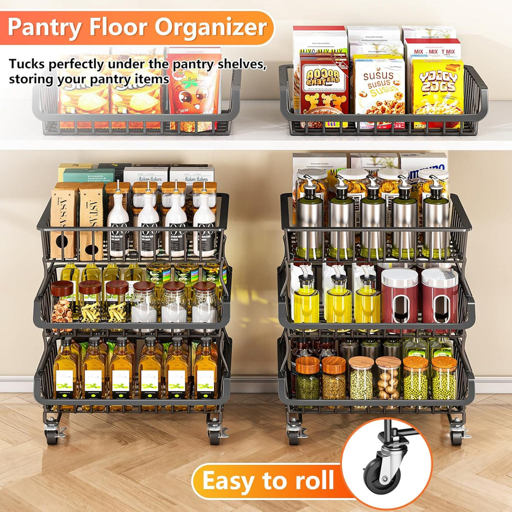 Gsiekare 3-Tier Rolling Pantry Organizer and Storage Cart with Wheels – Stackable Wire Snack Cart for Kitchen, Pantry Shelves and Storage Rack for Fruit, Vegetables, Onion, Potato (1 Pack)