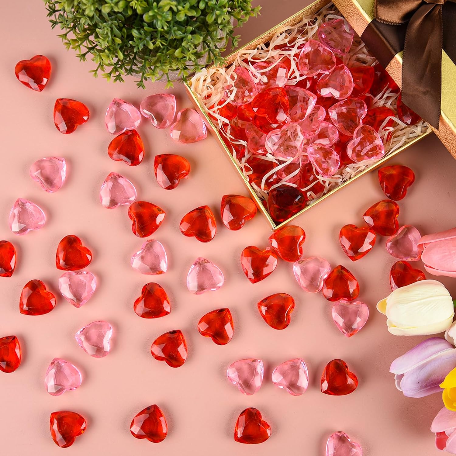 CHRORINE Red＆Pink Acrylic Heart Ornaments Translucent Hearts Shaped Gems Crystals for Table Scatter Decoration/Artwork/Vase Fillers in Valentine's Day/Home Decor/Wedding Party-70PCS