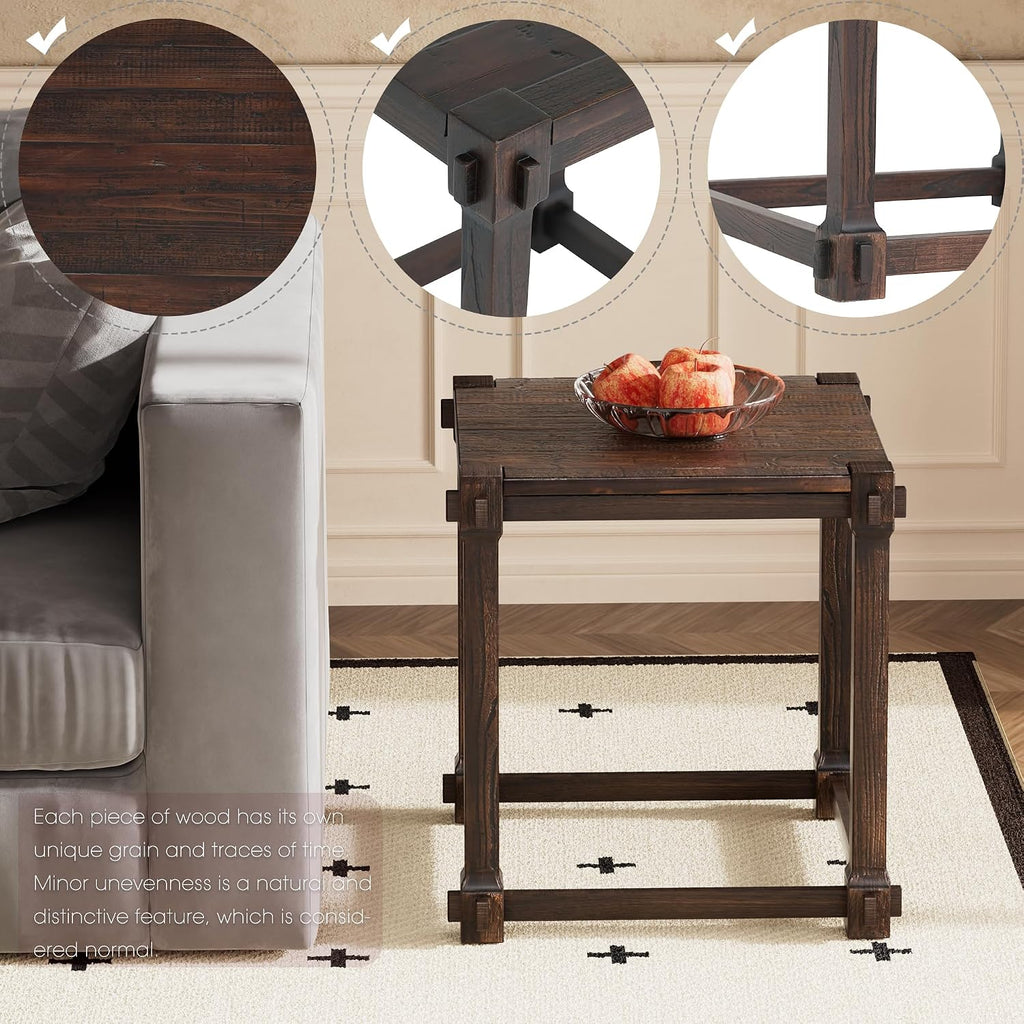 Vintage Aged Solid Wood Side Table Mortise and Tenon Construction Wear-Resistant Top Sturdy Legs Accent Table for Living Room Bedroom 20"×22"×22"