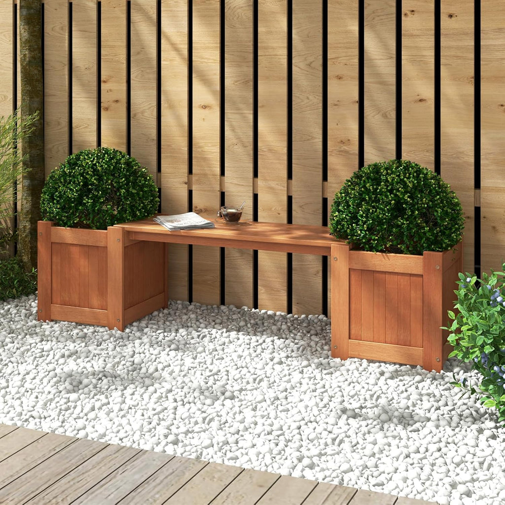 Planter Box Bench Outdoor, Wood Patio Bench with 2 Wood Planter Boxes, Raised Plant Container Garden Bench for Outdoor, Patio, Yard, Deck & Balcony