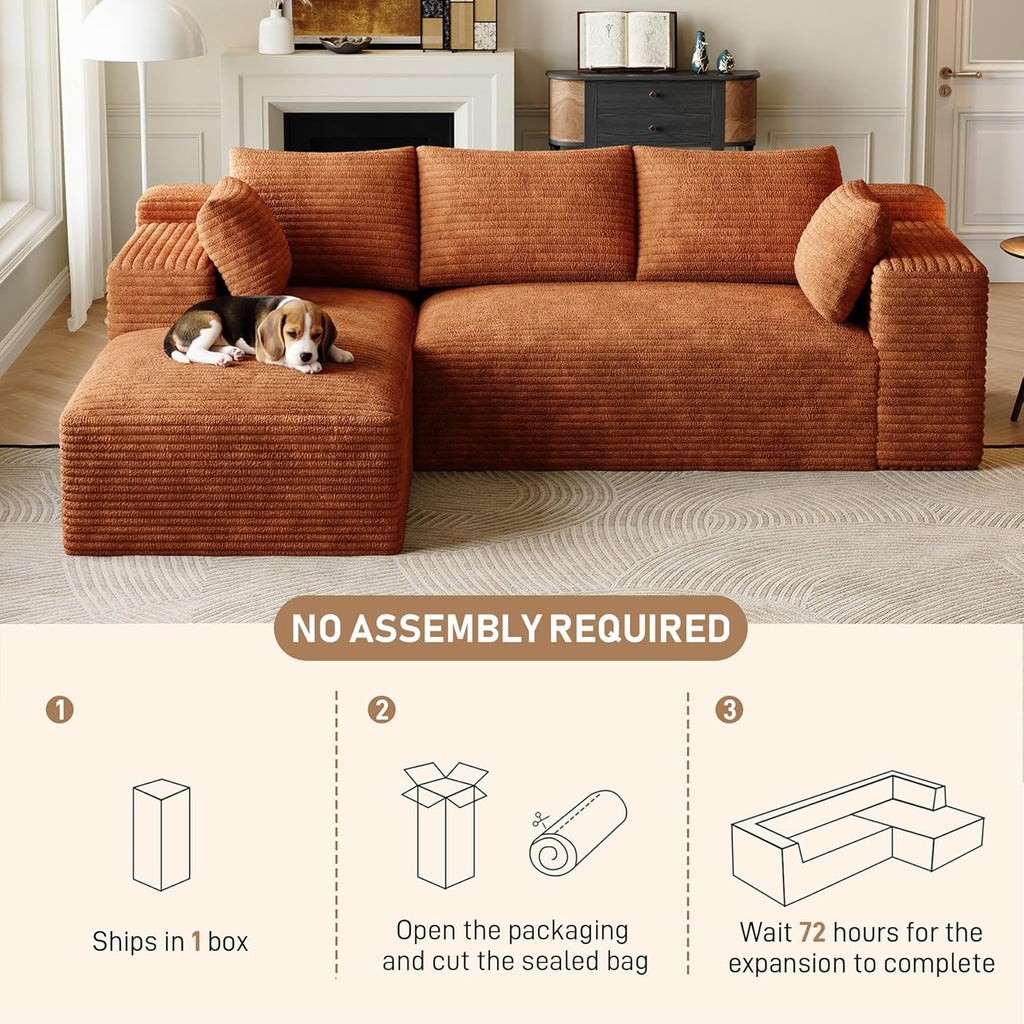 Cloud Sectional Couch Modular Sectional Sofa, 96" Comfy Fluffy Orange L Shaped Boneless Couches for Living Room, Deep Seat Plush Corduroy Memory Foam Couch with Left Facing Chaise Sofa