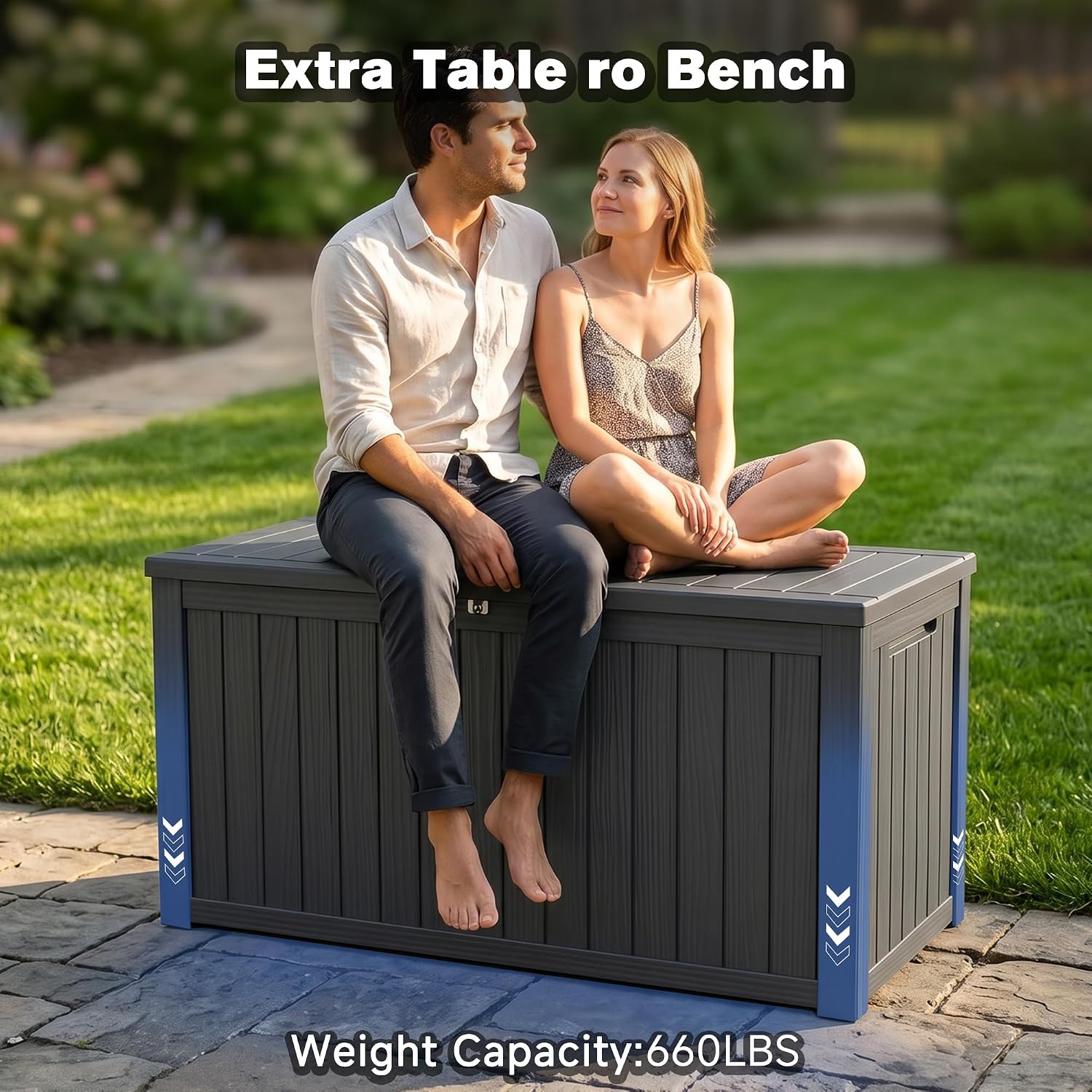 XXL Deck Box Outdoor Storage, Large Waterproof Resin Patio Furniture Cushion Organizer, Heavy Duty Lockable Garden Bench with Double-Wall Construction, Wood Grain Black (180, Gallons)