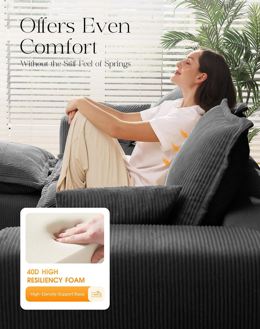 107" Boneless Comfortable Couch with Chaise, L Shaped Modular Sectional Couches for Living Room, Grey Corduroy Sofas with Ottoman, Compressed Sofa in a Box, No Assembly Required