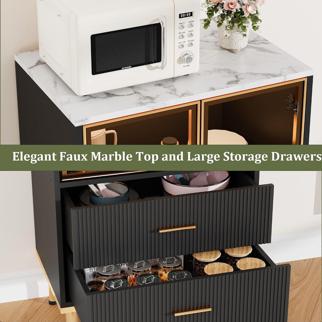 Garvee Fluted Pantry Cabinet with Glass Door and 2 Drawers, Kitchen Pantry Storage Cabinet with Adjustable Shelves, Modern Display Sideboard for Kitchen, Dining Room, Living Room, Black