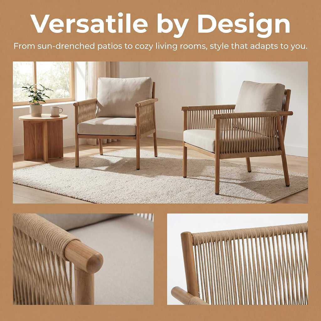 Outdoor Accent Chair, Patio Lounge Chairs Set of 2 with Hand-Woven Rope & Waterproof Cushions, Comfy Metal Patio Outdoor Chair, All-Weather Balcony Seating for Garden/Porch/Poolside, Grey