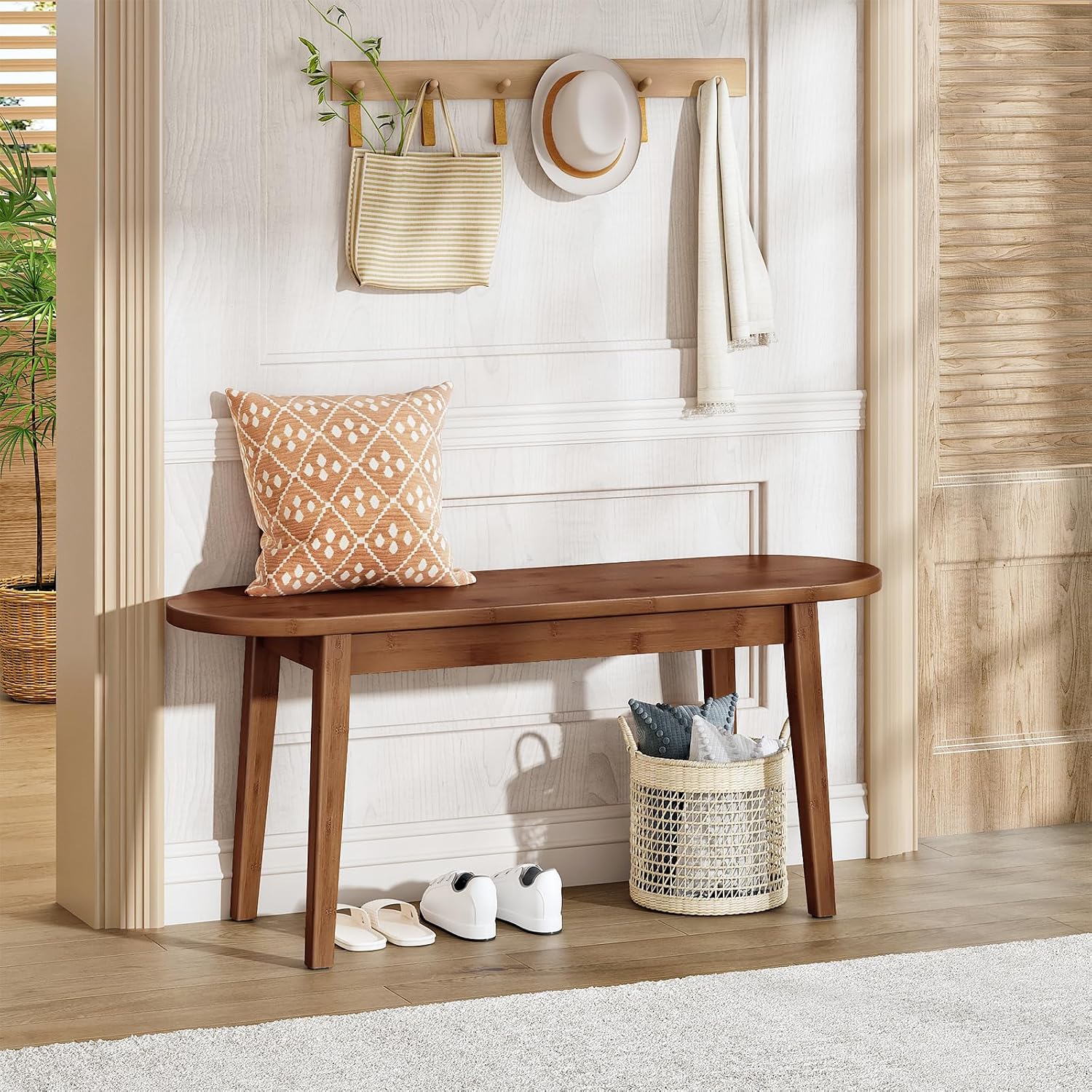 HOOBRO 39.4'' Dining Bench, Bamboo Entryway Bench, Farmhouse Kitchen Table Bench, Sturdy Dining Room Bench, Easy to Assemble, Wooden Bench for Living Room, Hallway, Bedroom, Bathroom, Mocha MA19CD01