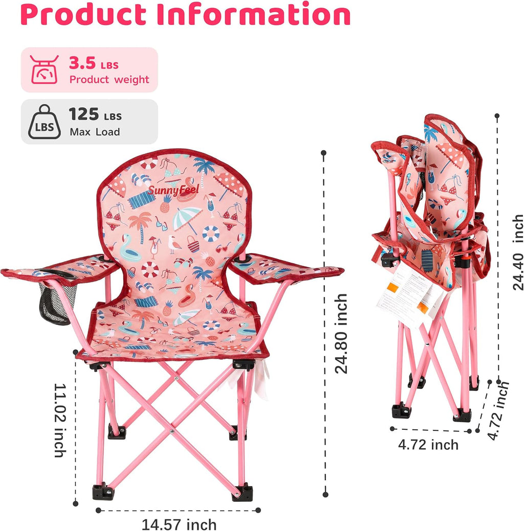 SUNNYFEEL Kids Folding Camping Chair for Ages 4-8 Boys and Girls, Pink | Dual-lock safety prevents collapse, 125 lbs capacity, 3.5 lbs Lightweight with Carry Bag & Cup Holder for Beach, Camping