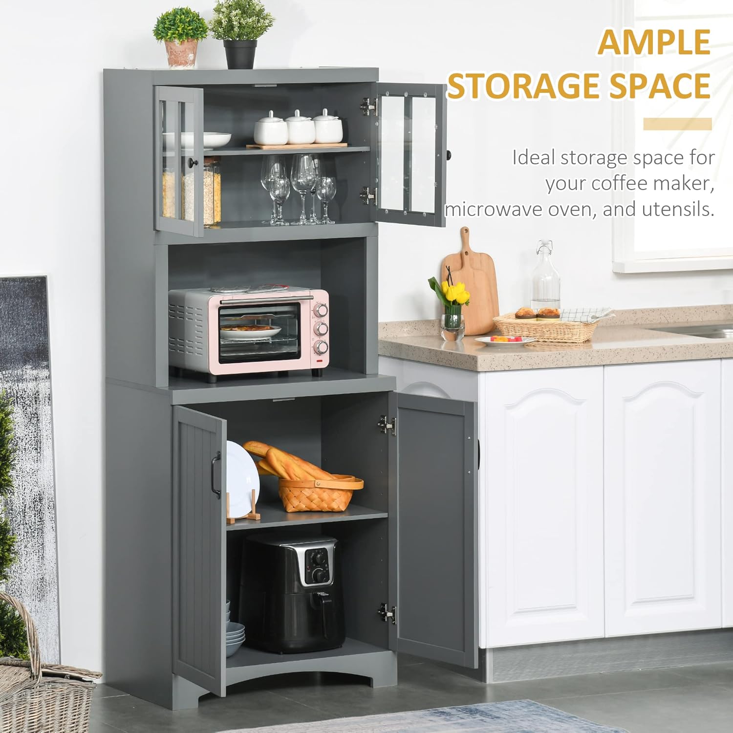 HOMCOM Kitchen Hutch, 70" Pantry Cabinet with Glass Framed Door, Storage Cabinet with Adjustable Shelves and Microwave Space for Dining Room, Gray