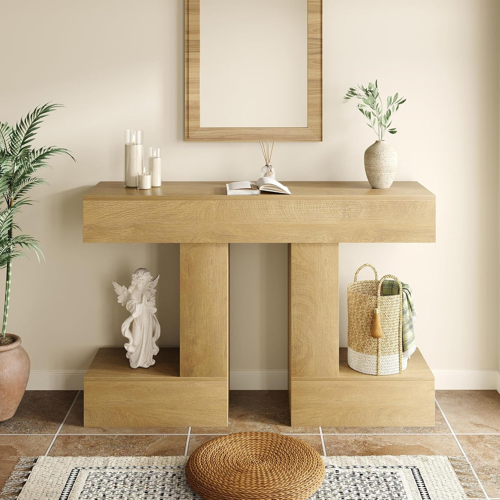 47.24-Inch Console Table, Farmhouse Sofa Table Behind Couch with Storage, Industrial Entryway Table for Living Room, Hallway, Entrance & Foyer, Natural Wood Finish