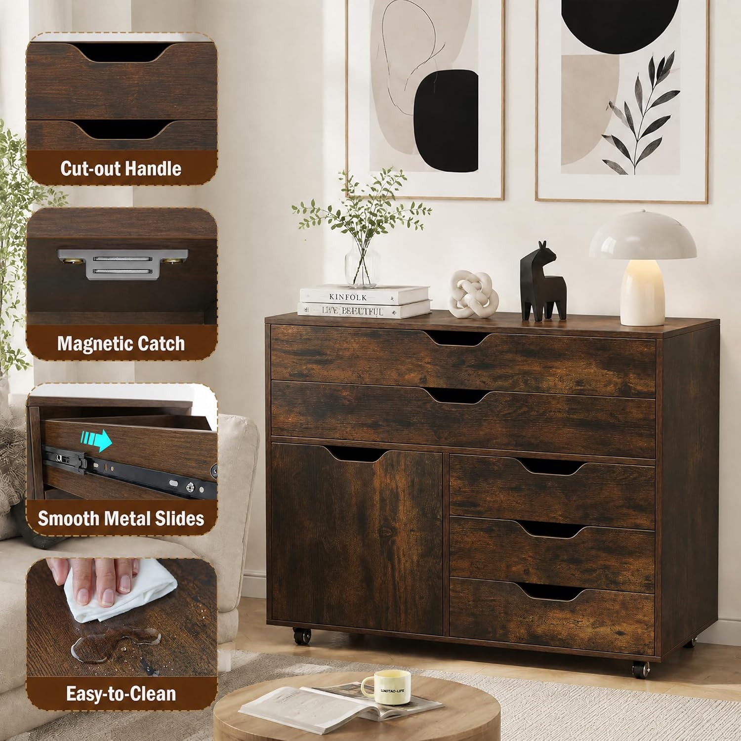 POWERSTONE Rolling File Cabinet 5-Drawer & One Side Door Storage Unit, Wood Printer Stand Drawer Cabinet with 5 Metal Wheels(2 Self-Locking) for Home Office, Coffee