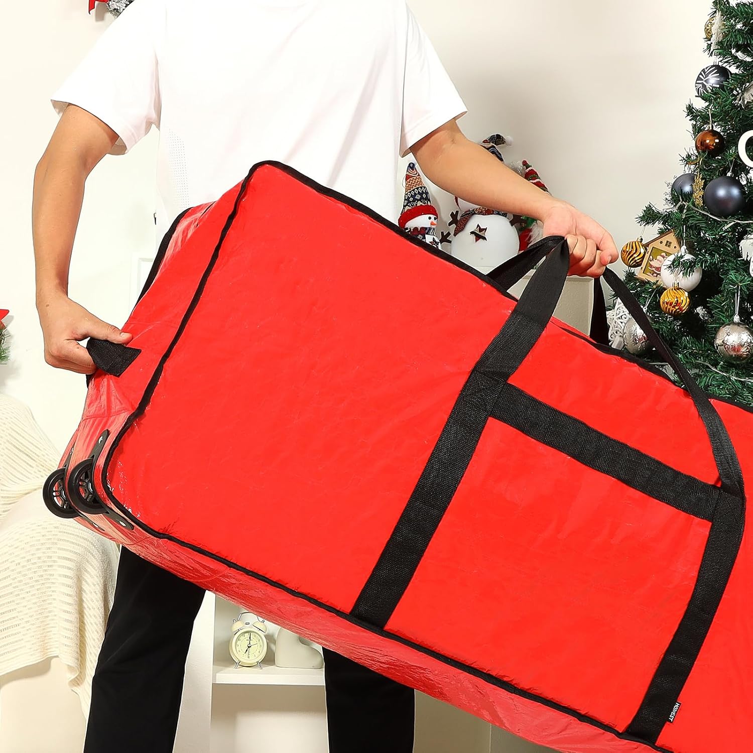 HOMEST Christmas Tree Storage Bag, Fits for 4.5-7 ft Xmas Artificials, Zippered Bag with Reinforced Carrying Handles and Wheels, Red (Bag Only)