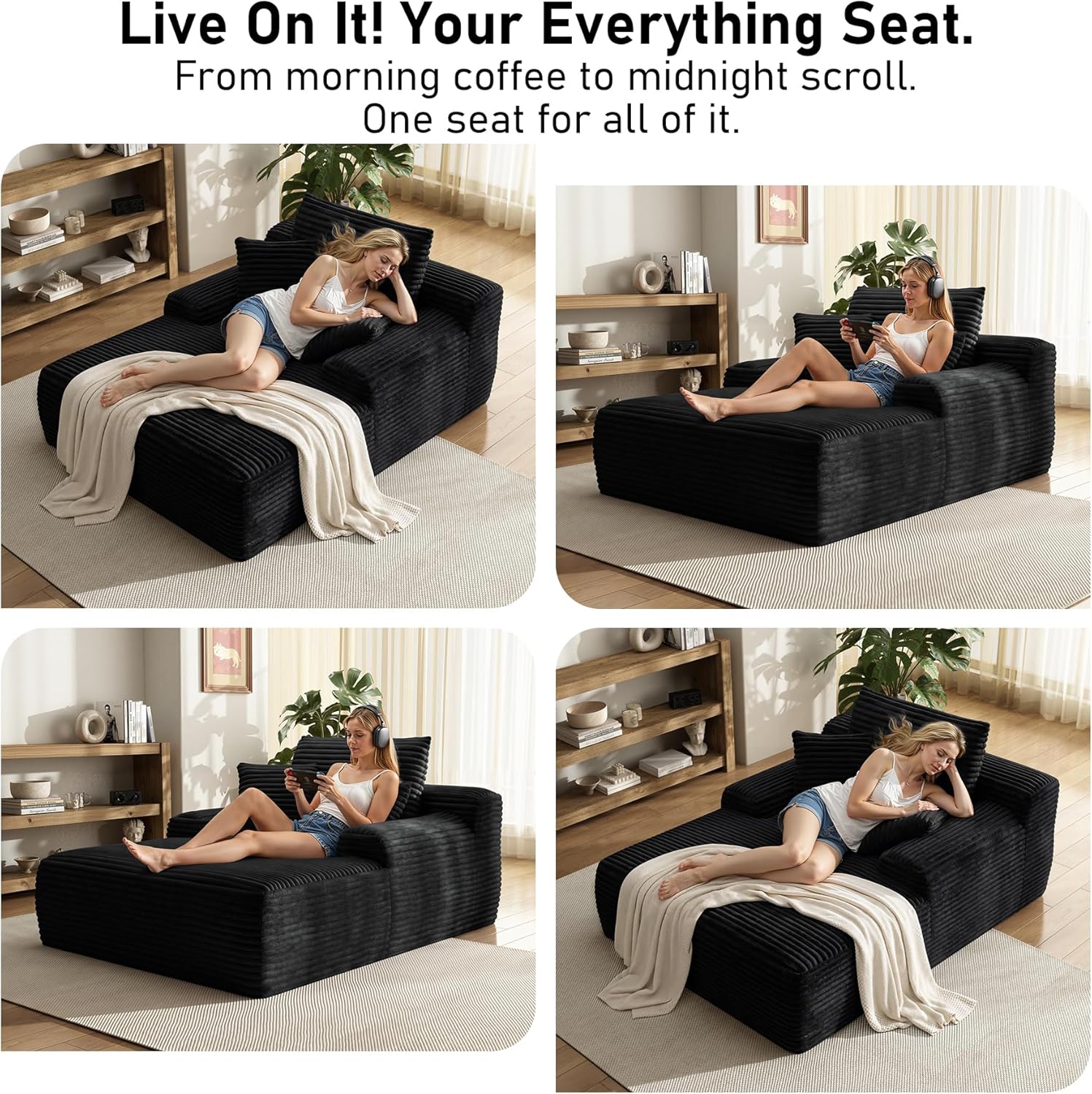65'' Chaise Lounge Chair Indoor, Black Corduroy Sofa Bed, Boneless Lounge Chair, Oversized Sleeper Sofa, Black Corduroy Cloud Couch Reading Chair for Living Room No Assembly