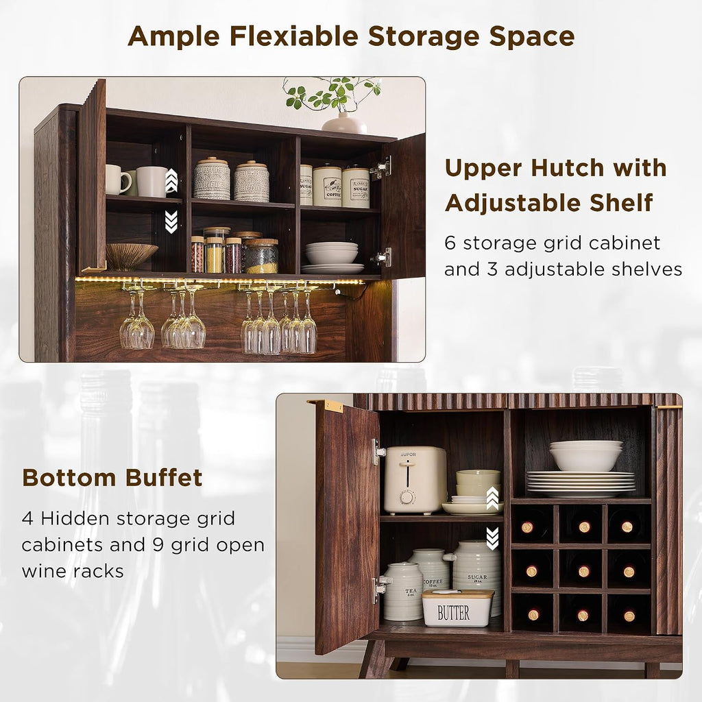 OKD 72" Tall Fluted Wine Cabinet, Modern Coffee Bar Cabinet, Dark Walnut | Charging Station, Led Lights, 4 Stemware Racks, 9 Wine Racks, 3 Drawers, 4 Cabinets, 2 Open Shelf, Home Bar Storage
