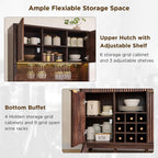 OKD 72" Tall Fluted Wine Cabinet, Modern Coffee Bar Cabinet, Dark Walnut | Charging Station, Led Lights, 4 Stemware Racks, 9 Wine Racks, 3 Drawers, 4 Cabinets, 2 Open Shelf, Home Bar Storage