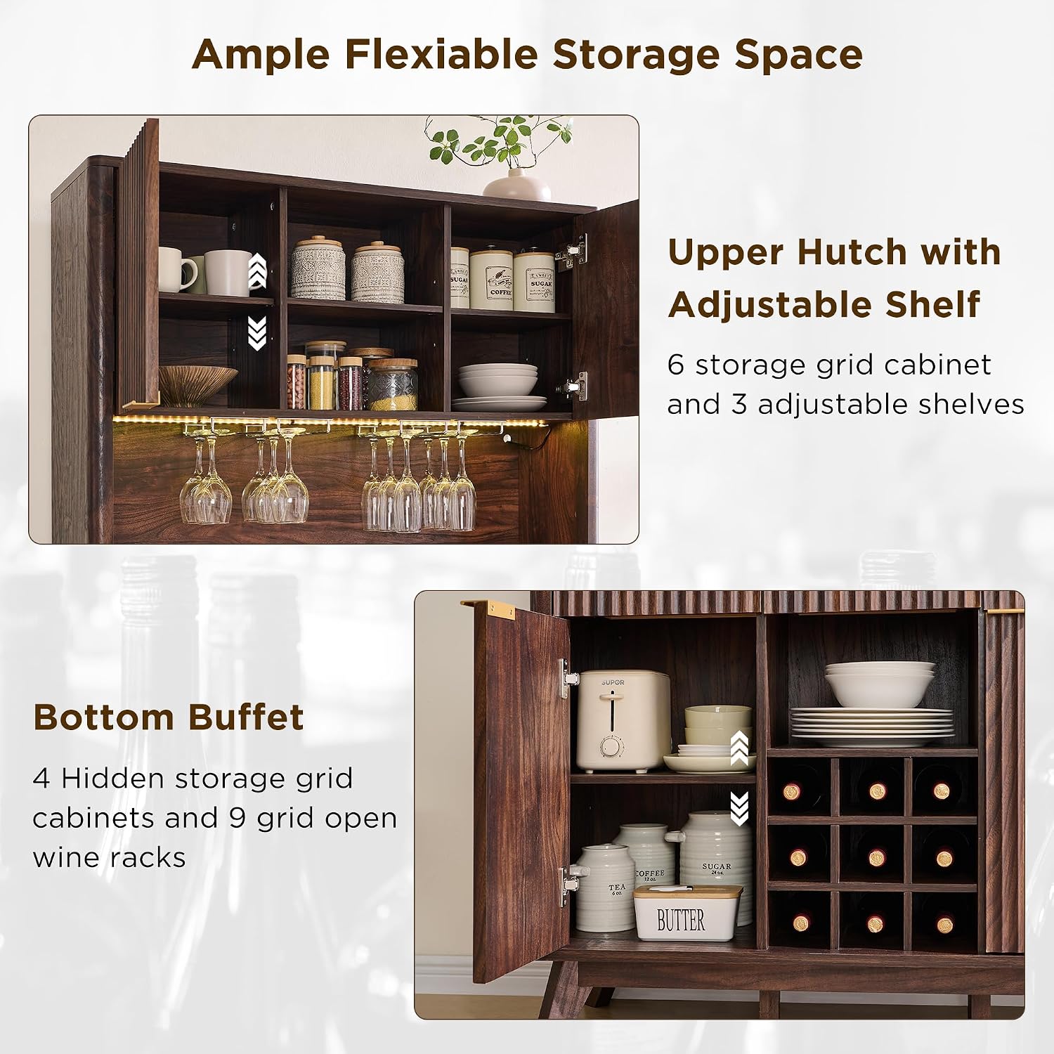 OKD 72" Tall Fluted Wine Cabinet, Modern Coffee Bar Cabinet, Dark Walnut | Charging Station, Led Lights, 4 Stemware Racks, 9 Wine Racks, 3 Drawers, 4 Cabinets, 2 Open Shelf, Home Bar Storage