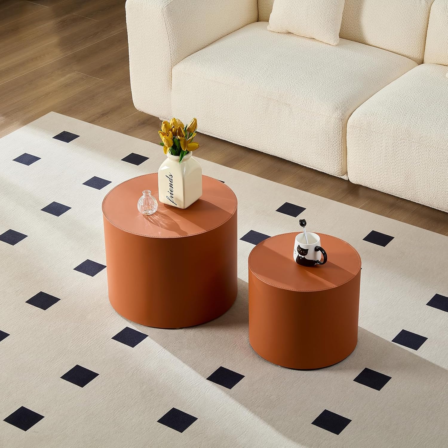 Modern Round Side Table Set of 2, MDF Core with Saddle Leather Upholstery, Cylinder Accent End Tables for Bedroom, Living Room, Apartment, Lounge, Bedside Decor, Coffee Table Use (Orange)