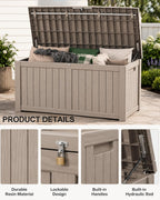 155 Gallon Waterproof Outdoor Storage Box, Large Lockable Deck Box, Indoor Outdoor Resin Storage Bench with Hydraulic Rod for Patio Furniture/Cushions/Garden Tools/Backyard/Pool Accessories, Brown