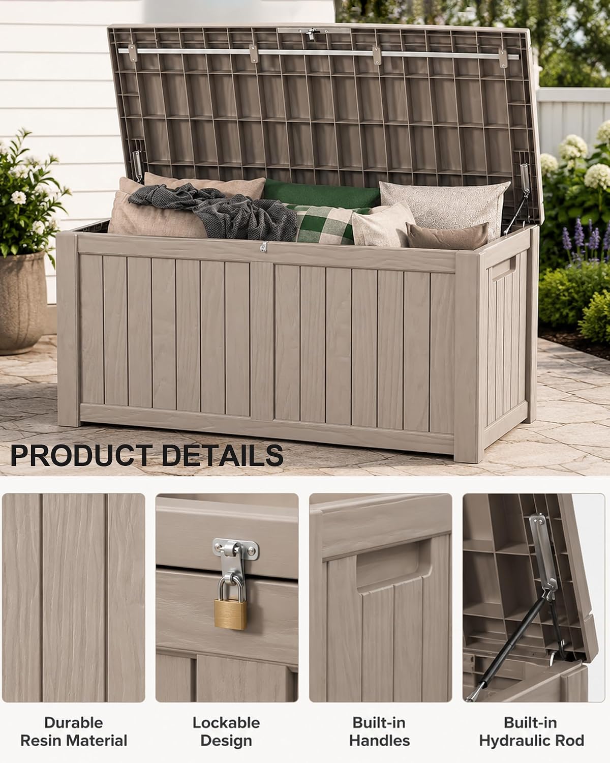 155 Gallon Waterproof Outdoor Storage Box, Large Lockable Deck Box, Indoor Outdoor Resin Storage Bench with Hydraulic Rod for Patio Furniture/Cushions/Garden Tools/Backyard/Pool Accessories, Brown