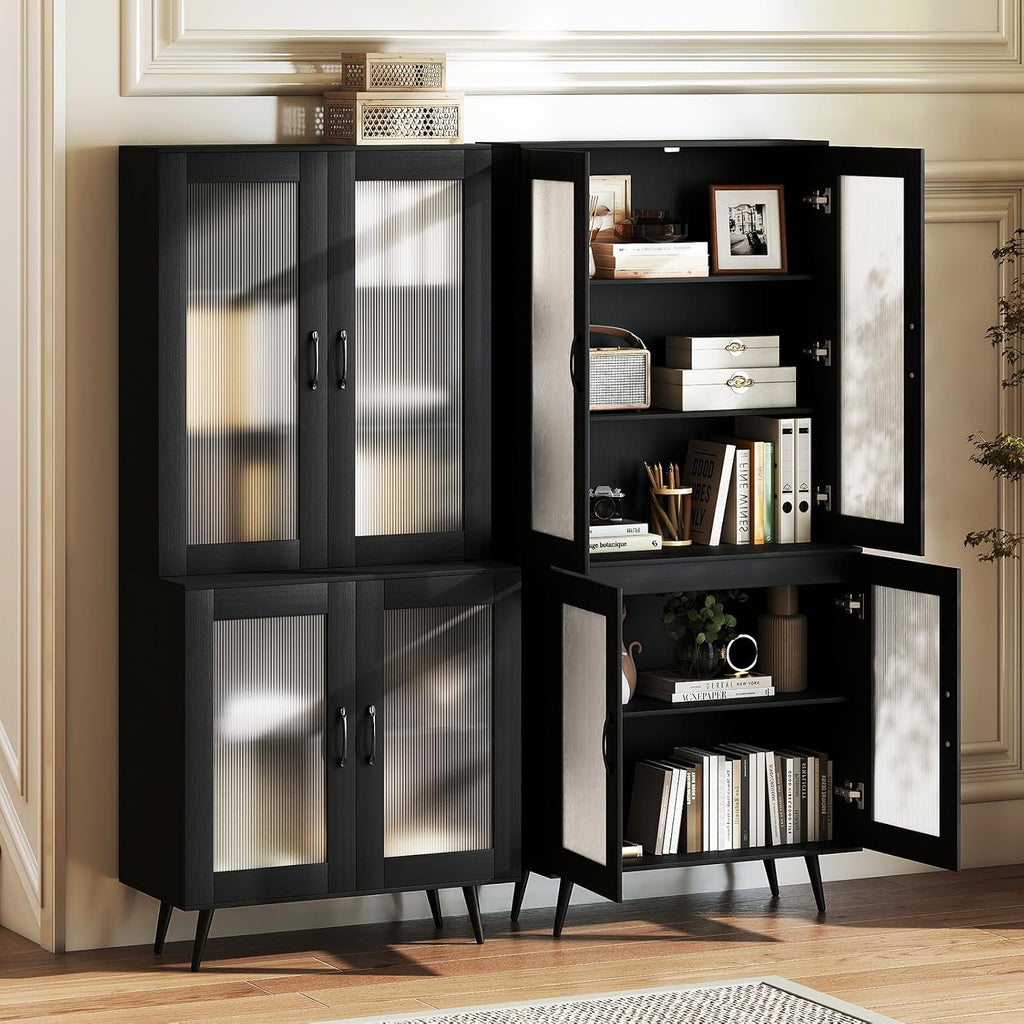 70.5”H Pantry Cabinet, 5-Tier Food Pantry with 4 Transparent Doors & Adjustable Shelves & Metal Legs, Tall Storage Cabinet for Kitchen, Living Room, Dining Room, Home Office, Bathroom (Black)