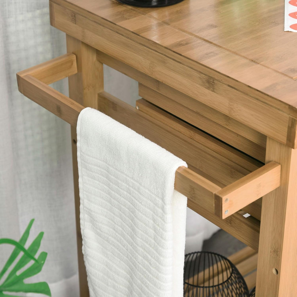HOMCOM Bamboo Kitchen Island on Wheels, Utility Trolley Cart with 2 Storage Drawers, Butcher Block Cart with Open Shelves, Bamboo Tone