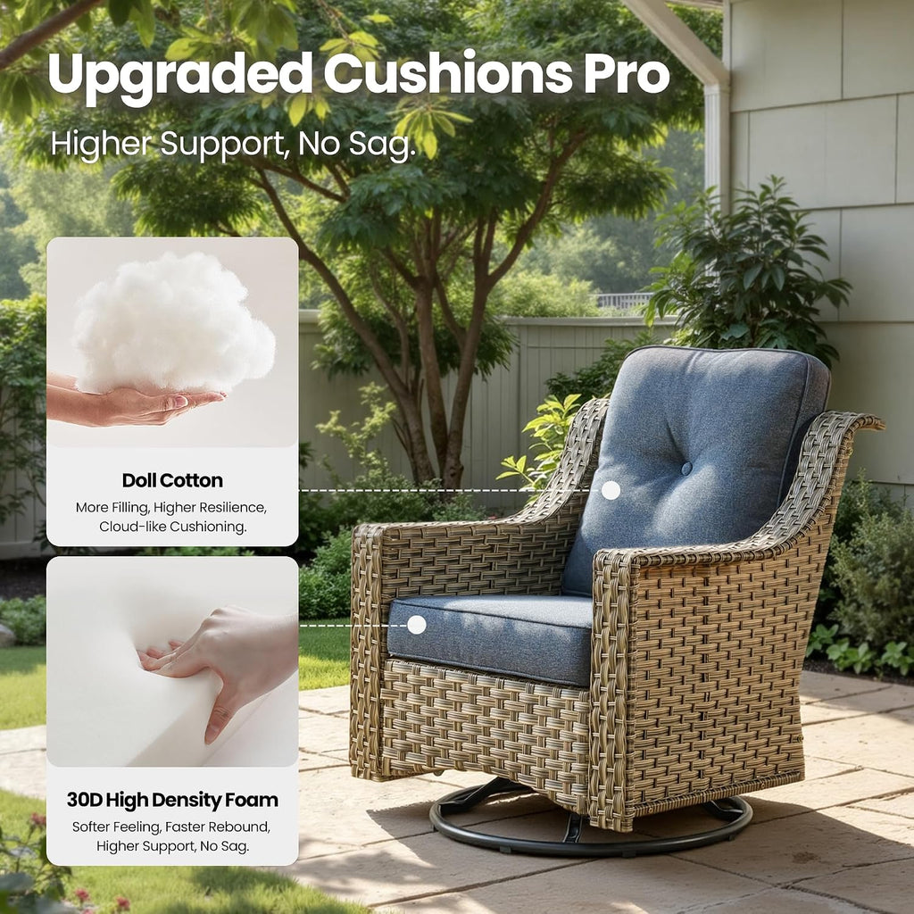 2 Piece Patio Furniture Set, Outdoor Wicker Chairs Set of 2 with Thick Cushion, Heavy Duty High Back Comfortable Chair for Small Balcony Porch Garden, Denim Blue