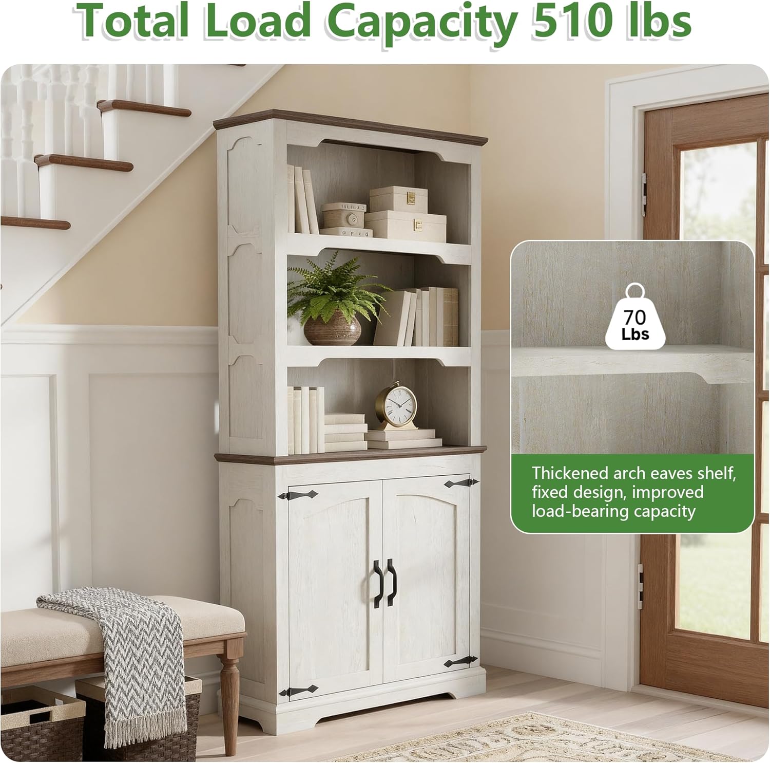 70 Inches Farmhouse Bookcase Bookshelf, Two-Tone Shelves, 5 Tier Bookshelf with Door Storage Arched Trim, Home Office Living Room Storage Cabinet (Distressed White & Walnut, Doors Storage)