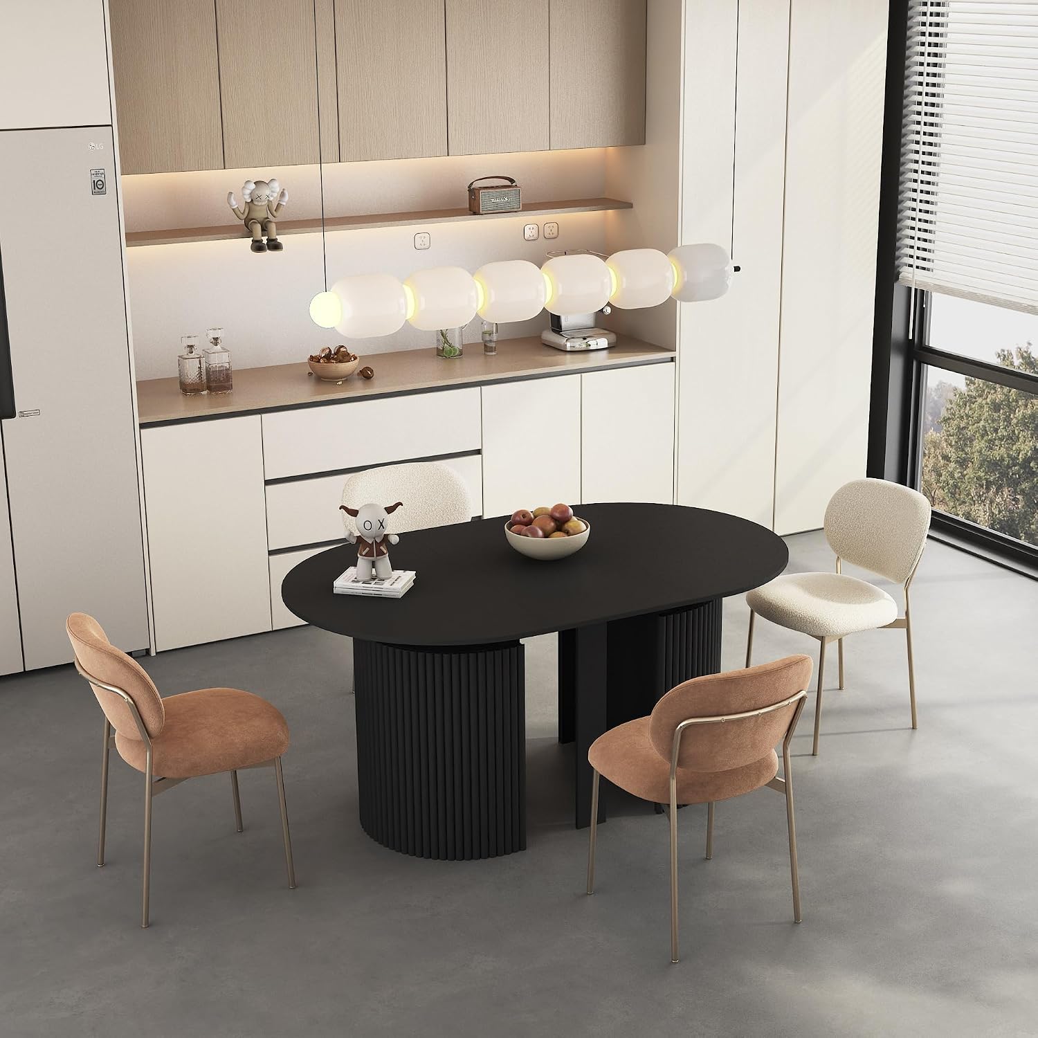 44"-132" Long Round Extendable Dining Table for 4-12, Farmhouse Oval Expandable Dinner Kitchen Table with Fluted Base, Space Saving Mid Century Modern Dining Room Tables for Dining Living Room,Black