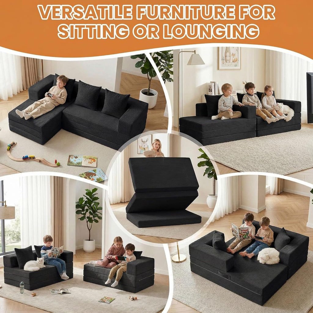 65" Boneless Couch,Convertible Sleeper Sofa Bed, Modular Sectional Sofa, Modern Tri-Folding Cloud Couch with L-Shape Chaise, Corduroy Futon Couches for Living Room Small Spaces Apartment,No Assembly