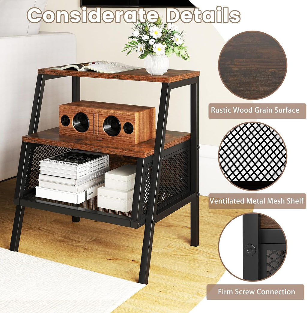 Giantex Industrial Nightstand, Modern End Table w/Open Shelves & Metal Mesh, 3-Tier Sofa Side Table w/Sturdy Trapezoidal Metal Frame, Night Stand for Bedroom, Small Spaces, Rustic Brown (1)