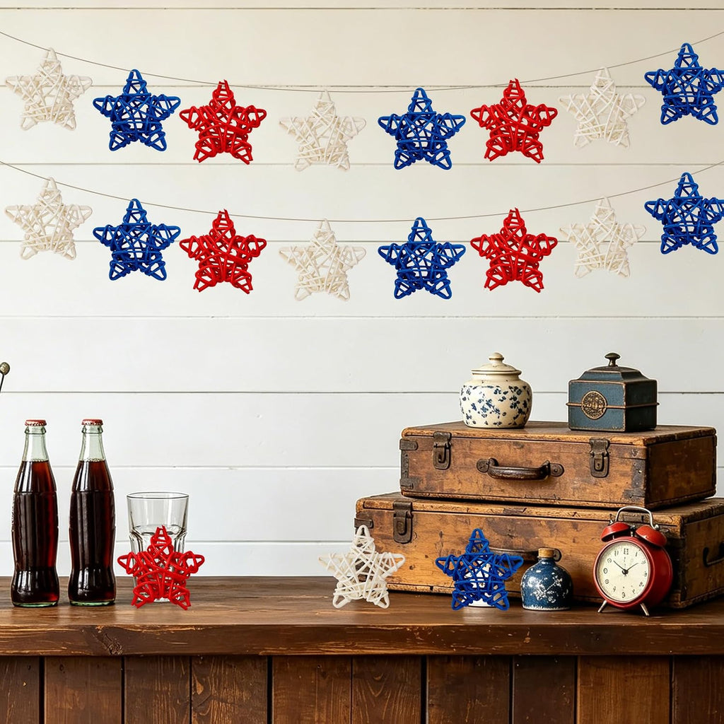 24Pcs 4th of July Rattan Stars Decoration Red White Blue Wicker Star Ornaments Patriotic Independence Day Home Decor for Vase Bowl Filler Table Centerpiece Party Decor DIY Craft
