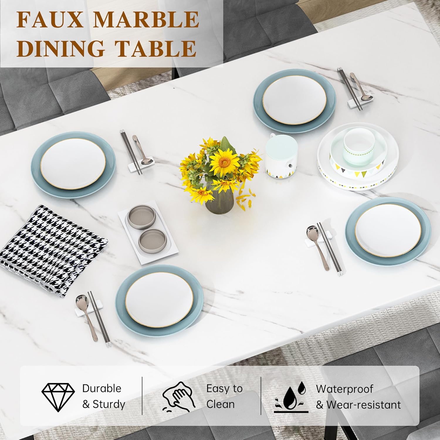 AWQM Dining Table Set for 4,Faux Marble Kitchen Table and Chairs Set of 4, Modern Dining Room Set for 4,Dinner Table Set with Velvet Chairs, Dining Set for Small Spaces,White & Grey