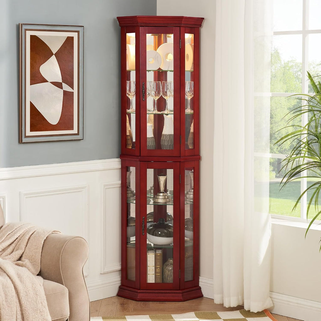 70" Lighted Corner Curio Cabinet,Inside Mirror Corner Glass Display Case with Tempered Glass Door for Living Room, Antique Collectibles, Wine & Bar Glass Storage, Lights Included