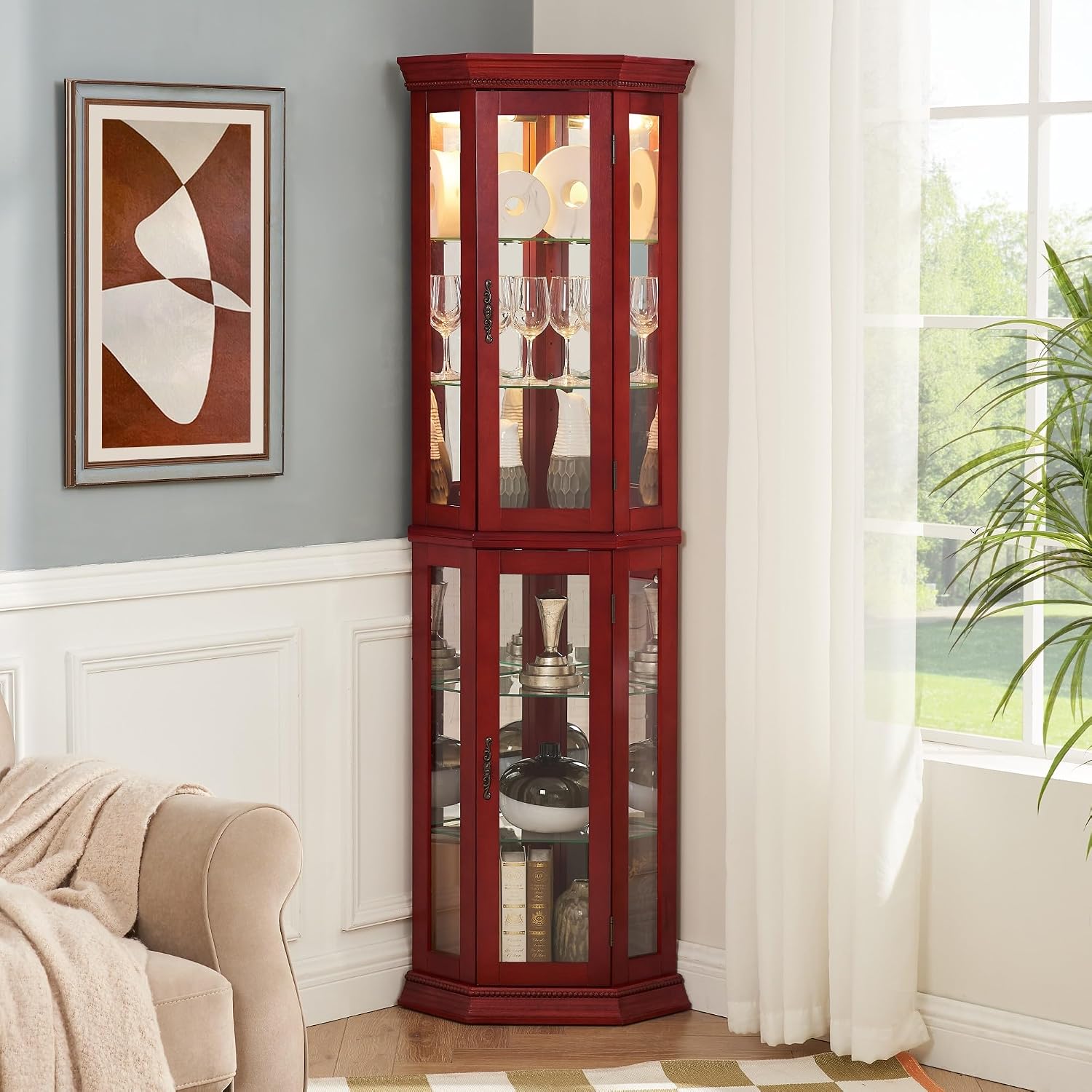 70" Lighted Corner Curio Cabinet,Inside Mirror Corner Glass Display Case with Tempered Glass Door for Living Room, Antique Collectibles, Wine & Bar Glass Storage, Lights Included