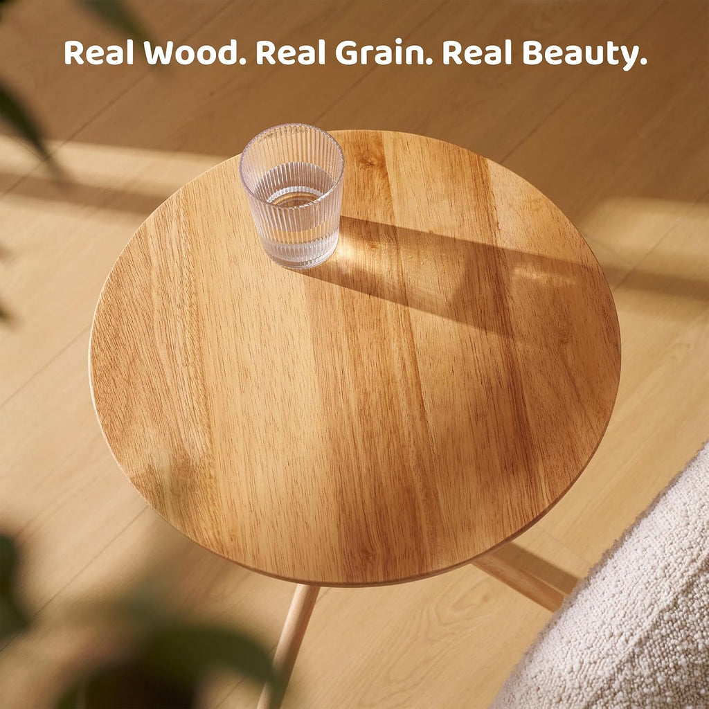 RECCI Small Round Side Table, Modern Solid Wood End Table with FSC Certified Wood & Knotted Metal Frame, Small Accent Couch Sofa Side Table for Living Room Bedroom, Oak