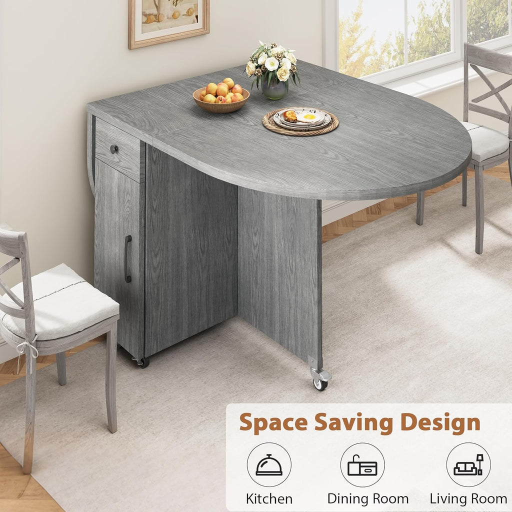 Jocoevol Round Folding Dining Table for 4, Space Saving Drop Leaf Kitchen Table with Storage Drawer, 6 Wheels Oval Gateleg Foldable Dining Table for Small Spaces(Grey 47 * 23.6 * 30)