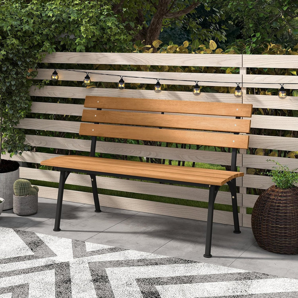 Tangkula Acacia Wood Outdoor Bench with Backrest, Patio Loveseat with Heavy Duty Metal Frame, Slatted Backrest and Seat, Park Bench for Outside Front Porch, Garden and Backyard