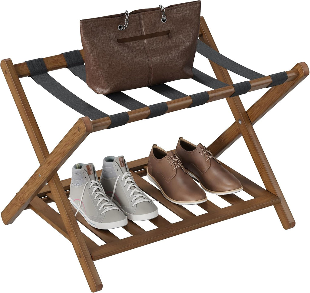 Smuxee Fully Assembled Black Walnut Luggage Rack, Upgraded Bamboo Foldable Suitcase Stand with 5 Nylon Straps, Luggage Holder with Shelf for Guest Room Bedroom Hotel