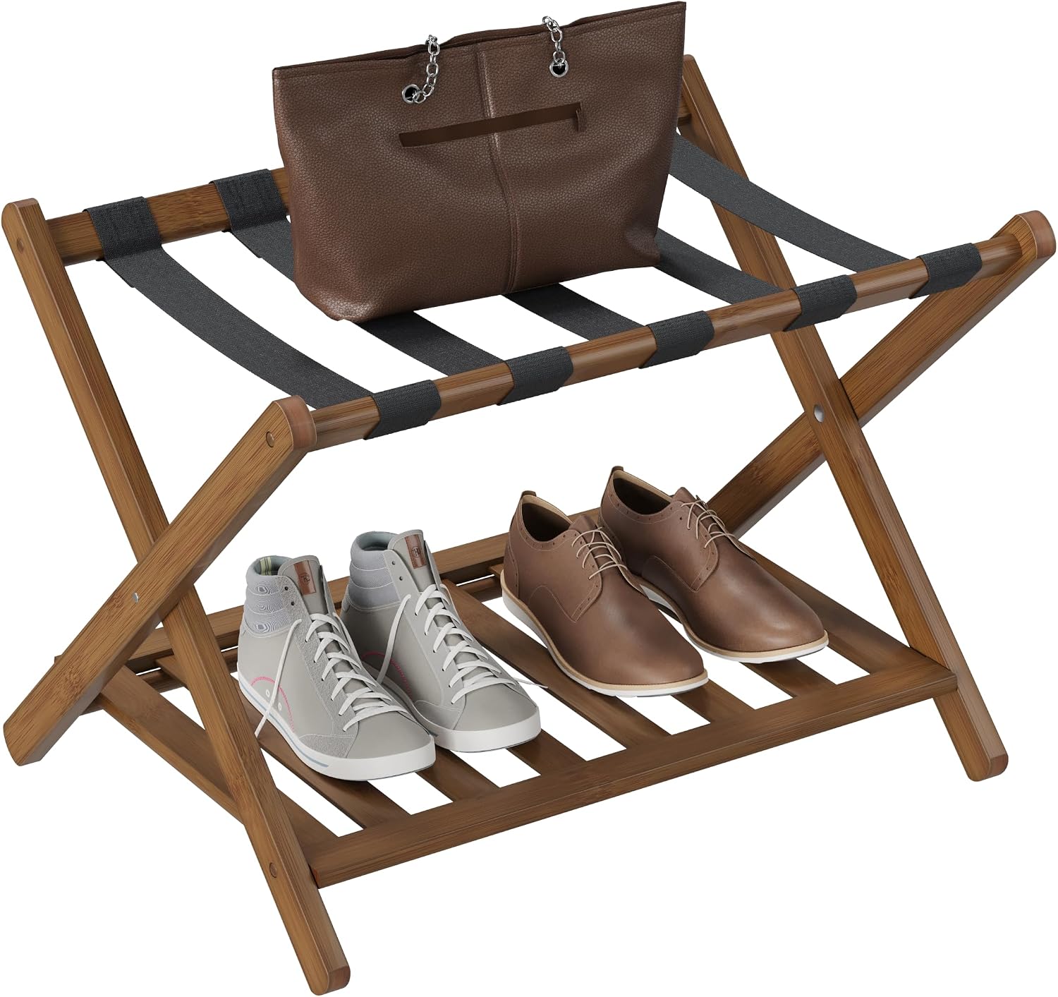 Smuxee Fully Assembled Black Walnut Luggage Rack, Upgraded Bamboo Foldable Suitcase Stand with 5 Nylon Straps, Luggage Holder with Shelf for Guest Room Bedroom Hotel