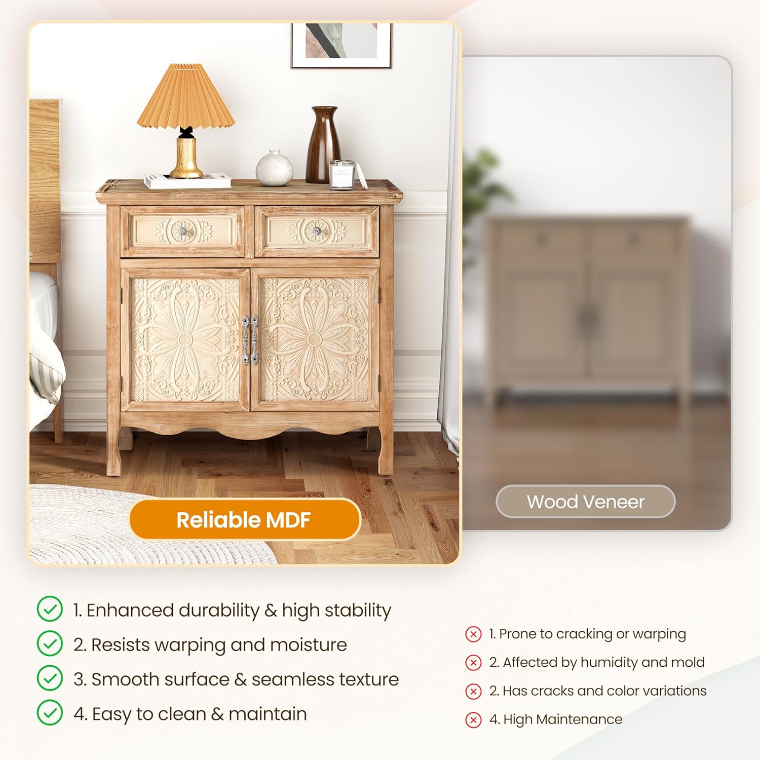 RoyalCraft Sideboard Buffet Cabinet, Solid Wood Accent Cabinet with 2 Carved Doors and 2 Drawers, Vintage Credenza for Kitchen, Living Room, Hallway, Natural Oak