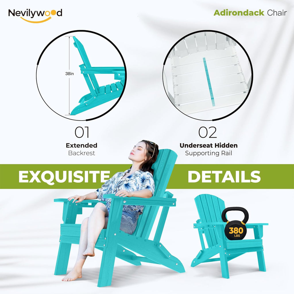 nevilywood HDPE Foldable Adirondack Chairs Set of 2, Waterproof All-Weather Outdoor Design, for Fire Pit, Patio & Beach, Aruba