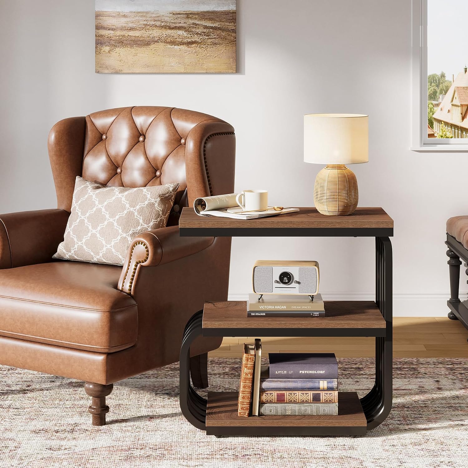 Tribesigns Small End Table, Narrow Side or Bedside Stand, 3 Tier Design Accent Table with Metal Frame, Industrial Vintage Nightstand for Living Room, or Small Spaces (1, Brown)