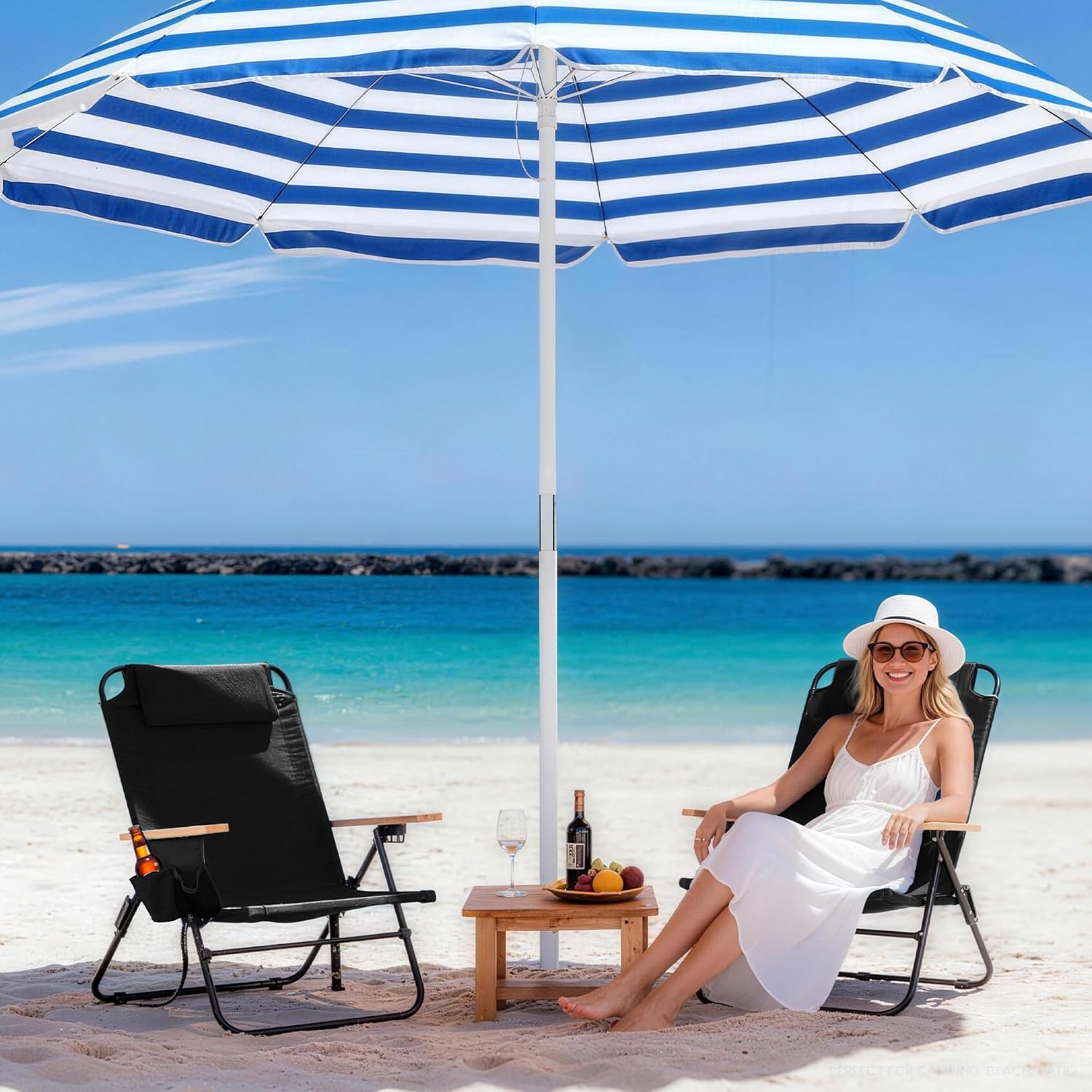 2 Pack Premium 5-Position Reclining Camping Chair - Portable Folding Lightweight Outdoor Chair with Wooden Armrests, Headrest & Pockets, 350lbs Heavy Duty for Beach, Patio, Backyard, Black