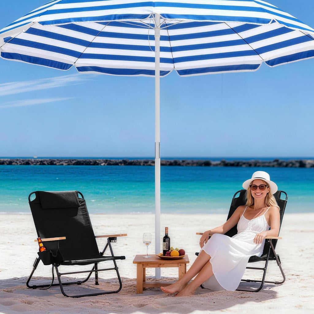 Premium Portable Camping Chair 5-Position Recliner Beach Folding Lightweight Outdoor Chair with Wooden Armrests, Headrest, Multi-Pockets Heavy Duty 350lbs, for Patio, Backyard, Black