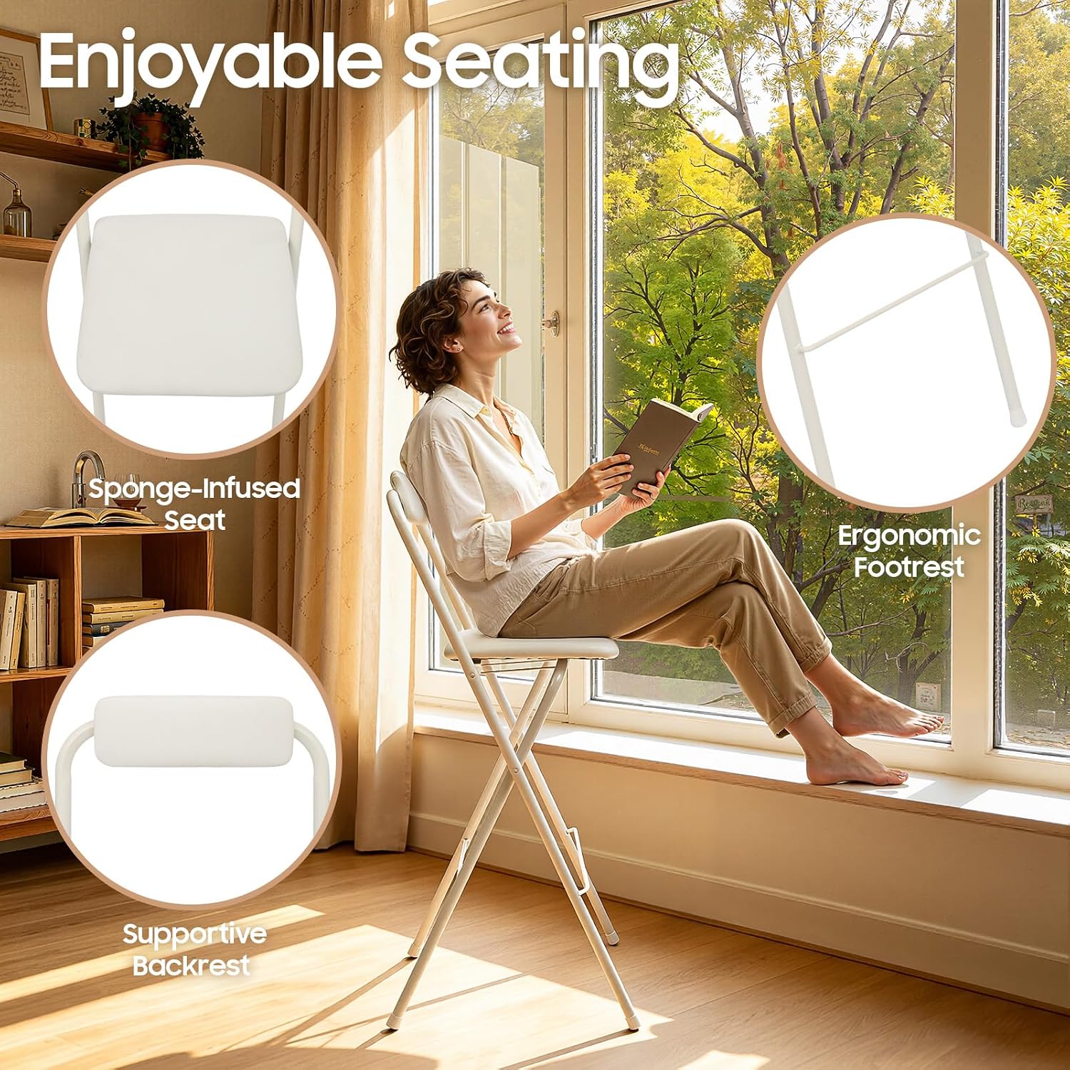 DYRABREST Folding Chair with Backrest, Tall Collapsible Stool, Steel Folding Bar Stool, Counter Height Seat with Leather Padded for Kitchen Island Shop Cafe Dining Room (1, White, 29.5 Inch)