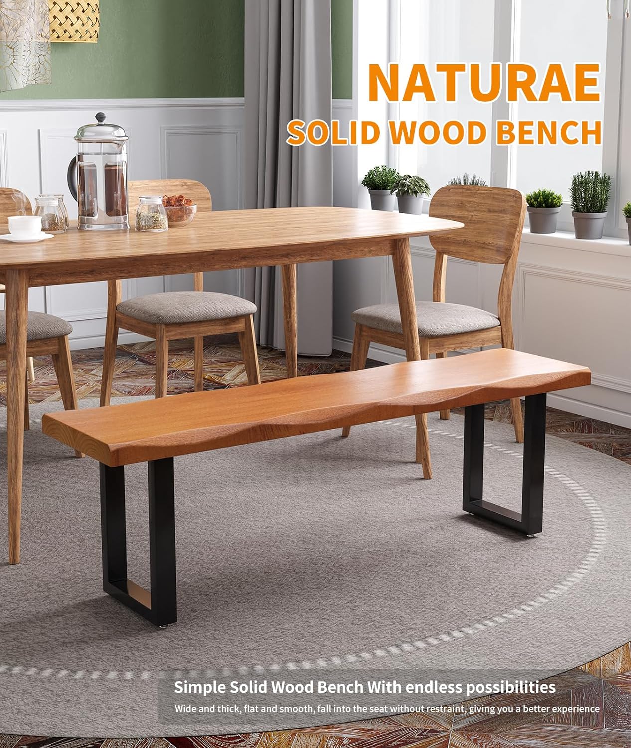 Modern Rustic Solid Wood Bench with Black Metal Legs, Industrial Farmhouse Style, Natural Wood Finish
