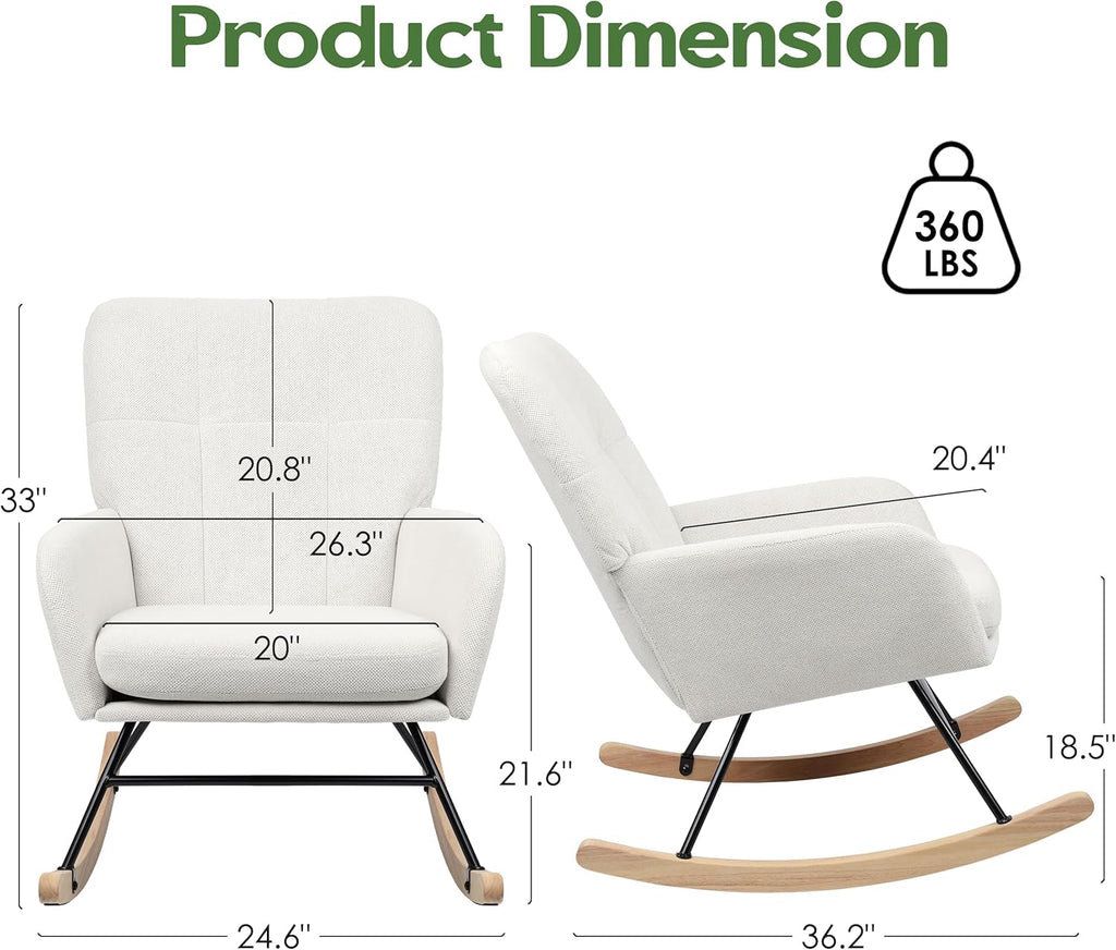 Nursery Rocking Chair Upholstered, High Backrest Glider Rocker Accent Chair with Padded Removable Cushion Comfy Nursing Chair for Living Room Bedroom Office, Beige