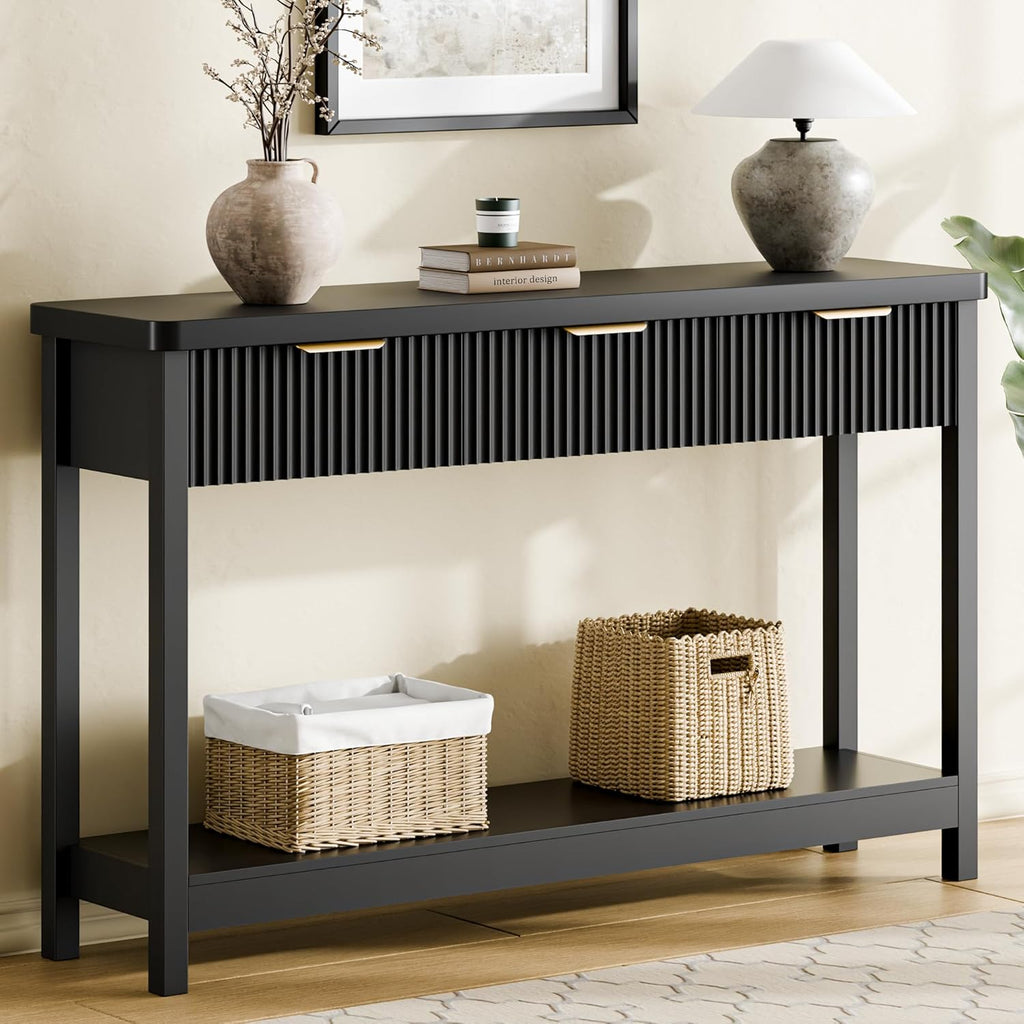 Lulive Fluted Console Table, 51 Inch Entryway Table with 3 Drawers | Scandi farmhouse look with quiet full-extension slides, open lower shelf, profile for hallway, entry, foyer or behind sofa.