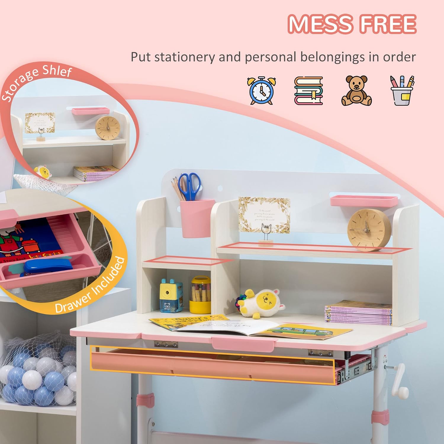 Qaba Wooden Kids Study Desk, Height Adjustable Children School Study Table, Student Writing Desk with Tilt Desktop, Drawer, Storage Shelf, Pen Holder, Pink