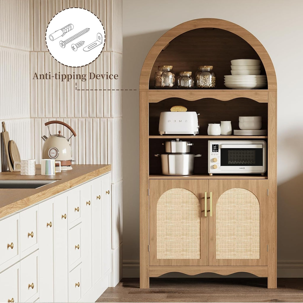 LINLUX 63" Arched Kitchen Pantry Cabinet, Arched Cabinet with Rattan Doors & Adjustable Shelves, Versatile Cupboard Arch Cabinets for Kitchen Storage, Dinning Room, Living Room, Entryway, Natural